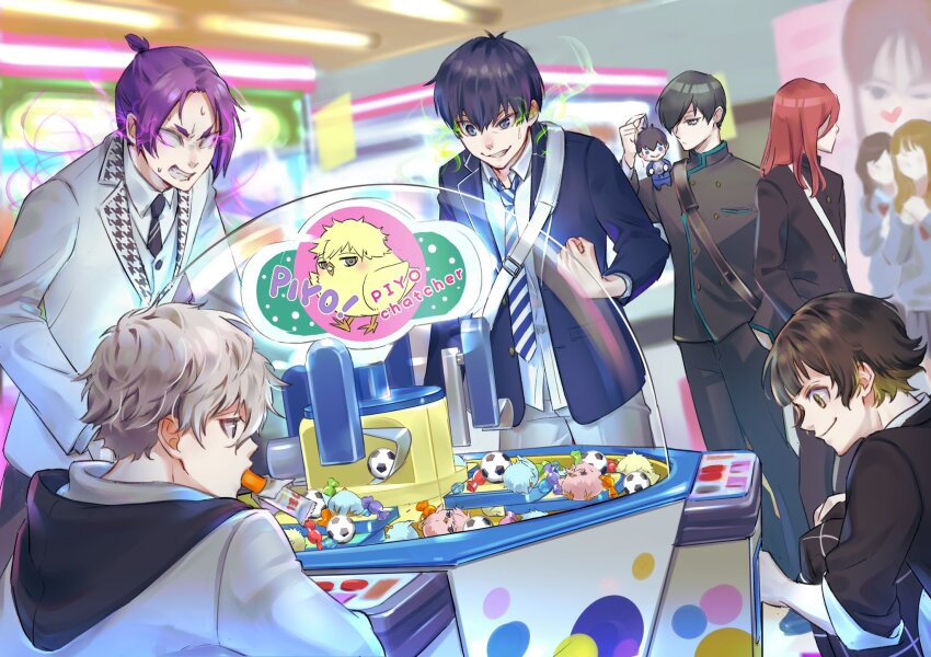 2girls 6+boys arcade aura bachira_meguru bag black_eyes black_hoodie black_jacket black_necktie black_pants blazer blue_eyes blue_hair blue_jacket blue_lock blue_necktie chigiri_hyoma clenched_teeth closed_mouth collared_shirt cowboy_shot cst food frown gakuran grey_pants highres hood hood_down hoodie isagi_yoichi itoshiki_rin jacket long_hair long_sleeves mikage_reo mouth_hold multiple_boys multiple_girls nagi_seishirou necktie pants ponytail profile purple_eyes red_hair school_uniform shirt short_eyebrows short_ponytail smile standing striped_necktie sweat teeth umaibou upper_body white_hair white_jacket white_necktie white_shirt yellow_eyes