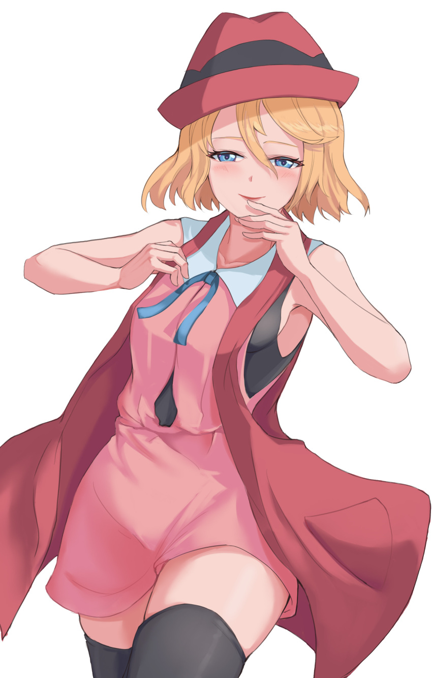 1girl absurdres bare_arms black_shirt black_thighhighs blonde_hair blue_eyes blue_ribbon closed_mouth commentary_request cowboy_shot creatures_(company) dress eyelashes game_freak half-closed_eyes hands_up hat highres looking_at_viewer moshi_(a24523815) neck_ribbon nintendo pink_dress pokemon pokemon_(anime) pokemon_xy_(anime) red_hat ribbon serena_(pokemon) shirt short_hair simple_background smile solo thighhighs white_background