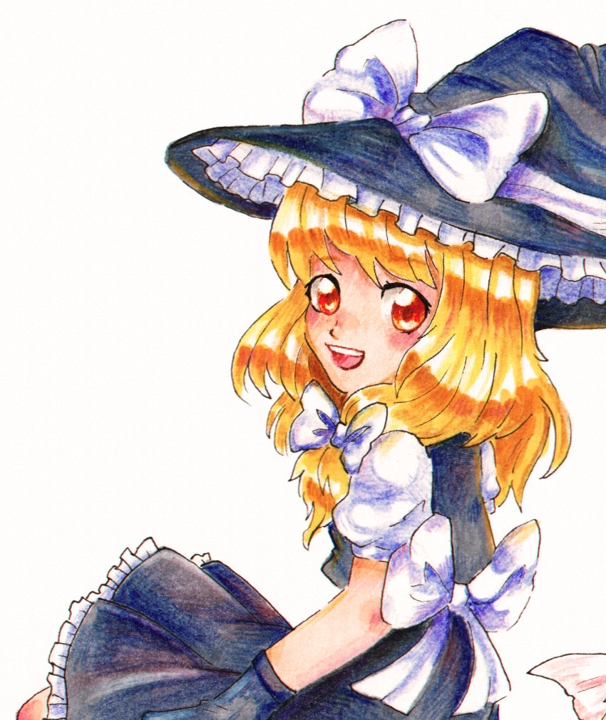 1girl back_bow black_gloves black_hat black_skirt black_vest blonde_hair bow braid colored_pencil_(medium) commentary_request dungeon_toaster frilled_skirt frills gloves hair_bow hat hat_bow hat_ribbon highres kirisame_marisa large_hat long_hair looking_at_viewer marker_(medium) open_mouth puffy_short_sleeves puffy_sleeves red_eyes ribbon shirt short_sleeves simple_background single_braid skirt solo teeth touhou traditional_media upper_teeth_only vest white_background white_bow white_ribbon white_shirt witch_hat