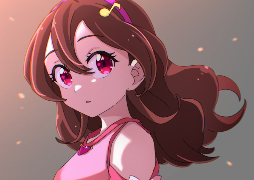 1girl absurdres brown_hair clothing_cutout commentary_request fortissimo hair_ornament hairband hakuino_hakase highres kimi_to_idol_precure medium_hair musical_note musical_note_hair_ornament open_mouth pink_eyes pink_hairband pink_shirt precure sakura_uta_(precure) shirt shoulder_cutout solo upper_body