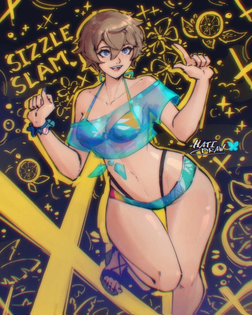 1girl arai_motoha bikini bikini_under_clothes blue_bikini blue_eyes hatidraw highres navel o-ring o-ring_bikini o-ring_top official_alternate_costume open_mouth persona persona_5 persona_5:_the_phantom_x short_hair solo stomach swimsuit thighs wide_hips