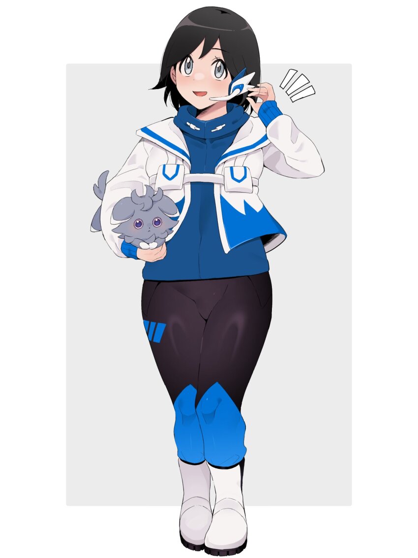 1boy :d blue_shirt boots border calem_(pokemon) commentary_request cosplay earpiece espurr ethan_(pokemon) ethan_(pokemon)_(cosplay) ethan_(sygna_suit)_(pokemon) gen_6_pokemon grey_background grey_eyes hand_up highres holding holding_pokemon jacket long_sleeves male_focus nintendo open_mouth pants pokemon pokemon_(creature) pokemon_masters_ex pokemon_xy sana_(37pisana) shirt skin_tight smile standing white_border white_footwear white_jacket