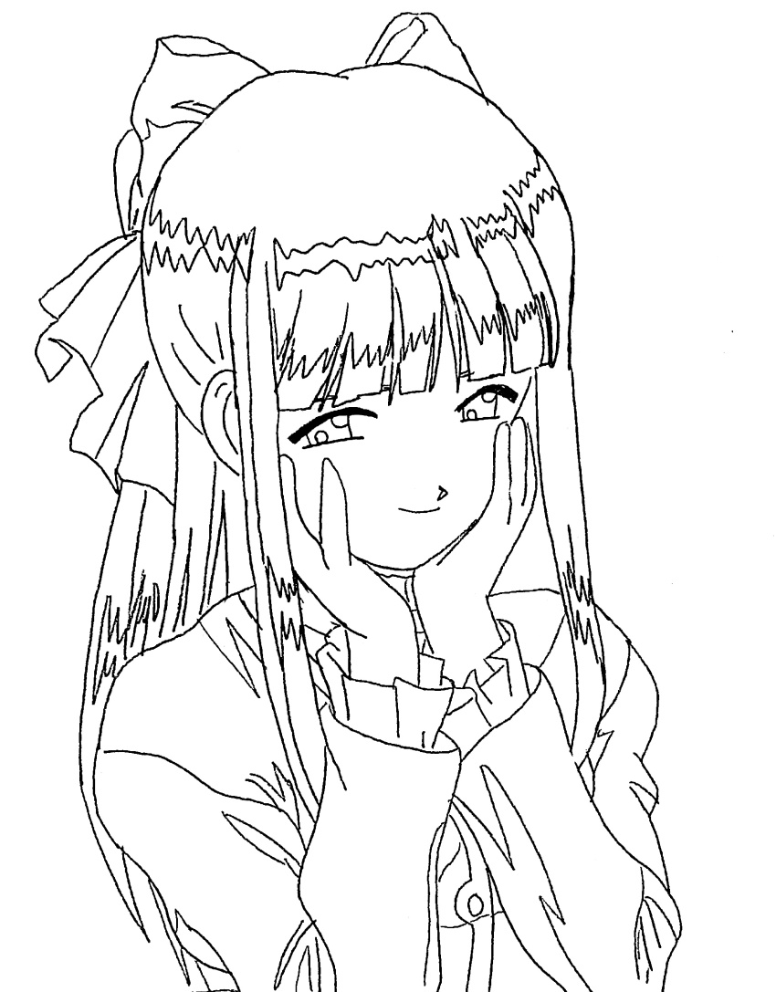 1girl alternate_hairstyle breasts cosplay flustered hair_ribbon hands_on_own_face highres kitaooji_hanabi looking_at_viewer medium_breasts monochrome ponytail ribbon sakura_taisen sega shinguuji_sakura sketch smile solo