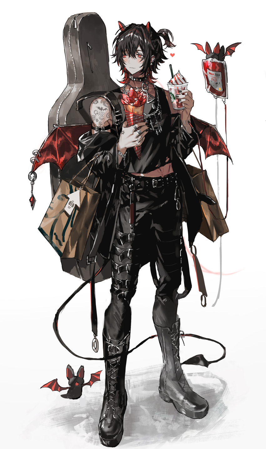 1boy absurdres armlet bag bat_(animal) belt black_belt black_boots black_hair black_nails black_pants black_shirt black_tail blood blood_bag blush boots catheter chain chain_bracelet chain_necklace closed_mouth clothes_pull collar colored_inner_hair commentary_request cropped_shirt cross cross_necklace cup demon_boy demon_tail demon_wings ear_piercing earrings food guitar_case hair_between_eyes hand_tattoo heart highres holding holding_bag holding_cup holding_food holding_ice_cream horns ice_cream ice_cream_cone ice_cream_cup instrument_case jacket jacket_pull jewelry looking_to_the_side male_focus midriff_peek multicolored_hair multiple_rings multiple_thigh_straps nana_tetra necklace original pants piercing ponytail red_eyes red_hair red_horns red_wings ring shirt shopping_bag short_hair short_ponytail shoulder_tattoo simple_background solo spiked_collar spikes standing tail tank_top tattoo two-tone_hair white_background wings