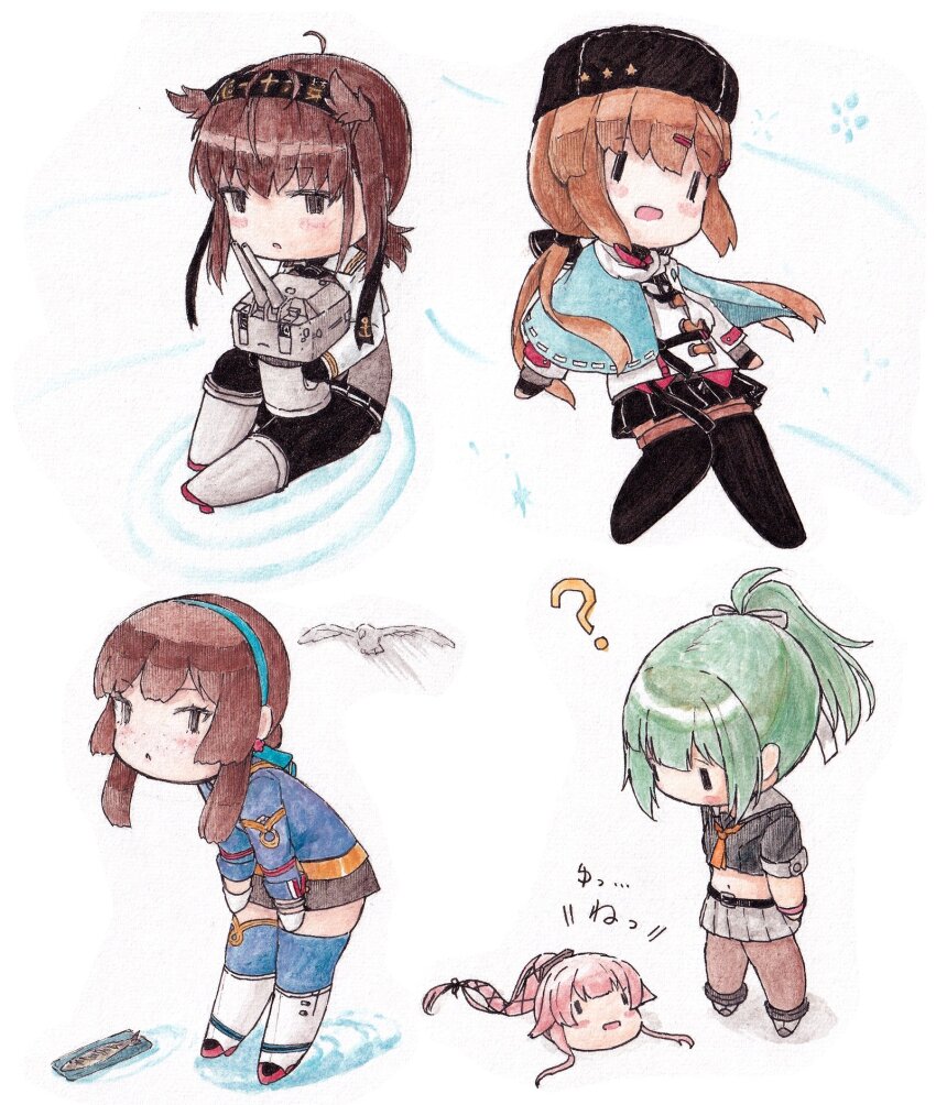 5girls ? bird black_bodysuit black_ribbon blue_hairband bodysuit brown_hair chibi chou-10cm-hou-chan_(hatsuzuki&#039;s) crop_top fish freckles fur_hat green_hair hachimaki hair_ribbon hairband hat hatsuzuki_(kancolle) hatsuzuki_kai_ni_(kancolle) headband highres jacket kantai_collection leaning_forward long_hair low_twintails mogador_(kancolle) multiple_girls open_mouth pantyhose papakha parted_lips pleated_skirt poipoi_purin ponytail ribbon sailor_collar school_uniform serafuku skirt tashkent_(kancolle) thighhighs twintails white_ribbon yura_(kancolle) yura_(snake) yuubari_(kancolle)