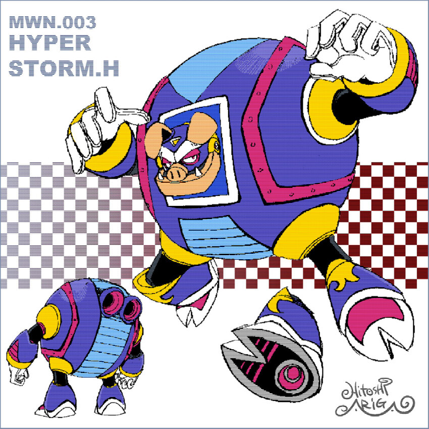 1boy animal_ears animal_feet ankle_boots ariga_hitoshi armor arms_up artist_name black_bodysuit blue_armor blue_footwear blue_helmet bodysuit boots brown_background character_name reference_sheet checkered_background commentary_request concept_art from_behind full_body gloves gradient_background grey_background helmet highres hyper_storm_h_(mega_man) joints looking_ahead looking_at_viewer male_focus mega_man:_the_wily_wars mega_man_(classic) mega_man_(series) mega_man_megamix multiple_views no_humans non-humanoid_robot open_hands pig_ears pig_nose red_eyes robot robot_joints scanlines screw shoe_soles signature simple_background snout standing three_quarter_view turnaround tusks white_background white_gloves