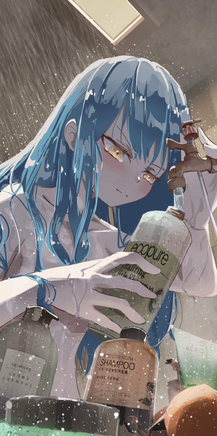1girl alternate_hairstyle bang_dream! bang_dream!_it&#039;s_mygo!!!!! blue_hair blush chinese_commentary closed_mouth commentary_request faucet from_below hair_down highres indoors long_hair looking_at_object nude product_placement shampoo shampoo_bottle shower_(place) showering slice_of_life solo split_mouth togawa_sakiko upper_body v-shaped_eyebrows water water_drop wet wet_hair yellow_eyes yitiaowei