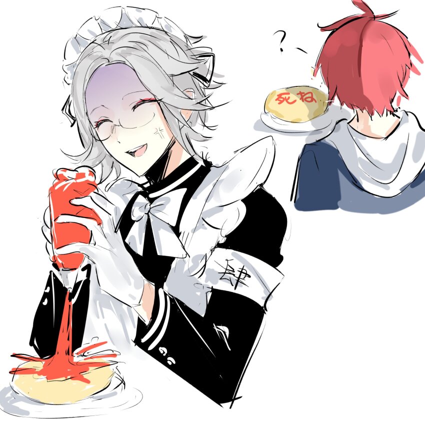 2boys ahoge anger_vein angry aotsuki_eito apron armband closed_eyes crossdressing eyelashes food gloves highres japanese_text maid maid_apron maid_headdress messy_hair multiple_boys open_mouth parted_hair red_eyes sumino_takumi teeth the_hundred_line_-last_defense_academy- tongue translation_request upper_body upper_teeth_only white_background white_gloves white_hair