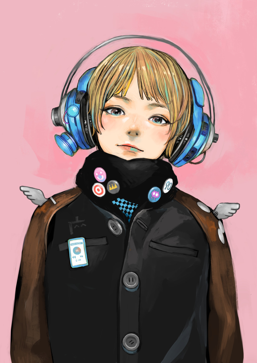 1girl absurdres badge black_jacket black_scarf blonde_hair blue_eyes button_badge buttons coat headphones highres jacket junjunforever lips looking_at_viewer mouth_hold original pink_background pocket scarf short_hair simple_background solo upper_body wings