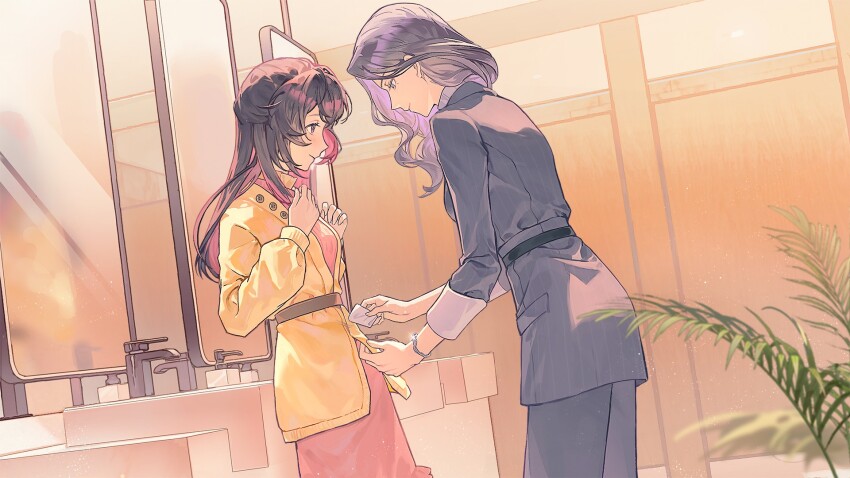 2girls bathroom belt black_belt bracelet buttons cleaning closed_mouth coat dress from_side game_cg hands_up highres jacket jewelry leaf love_curse:_find_your_soulmate mirror mole mole_under_eye multicolored_hair multiple_girls non-web_source official_art pale_skin pink_dress plant purple_hair selene_yan silver_bracelet sink striped_clothes suit_jacket toilet_stall two-tone_hair upper_body victoria_qi yellow_coat