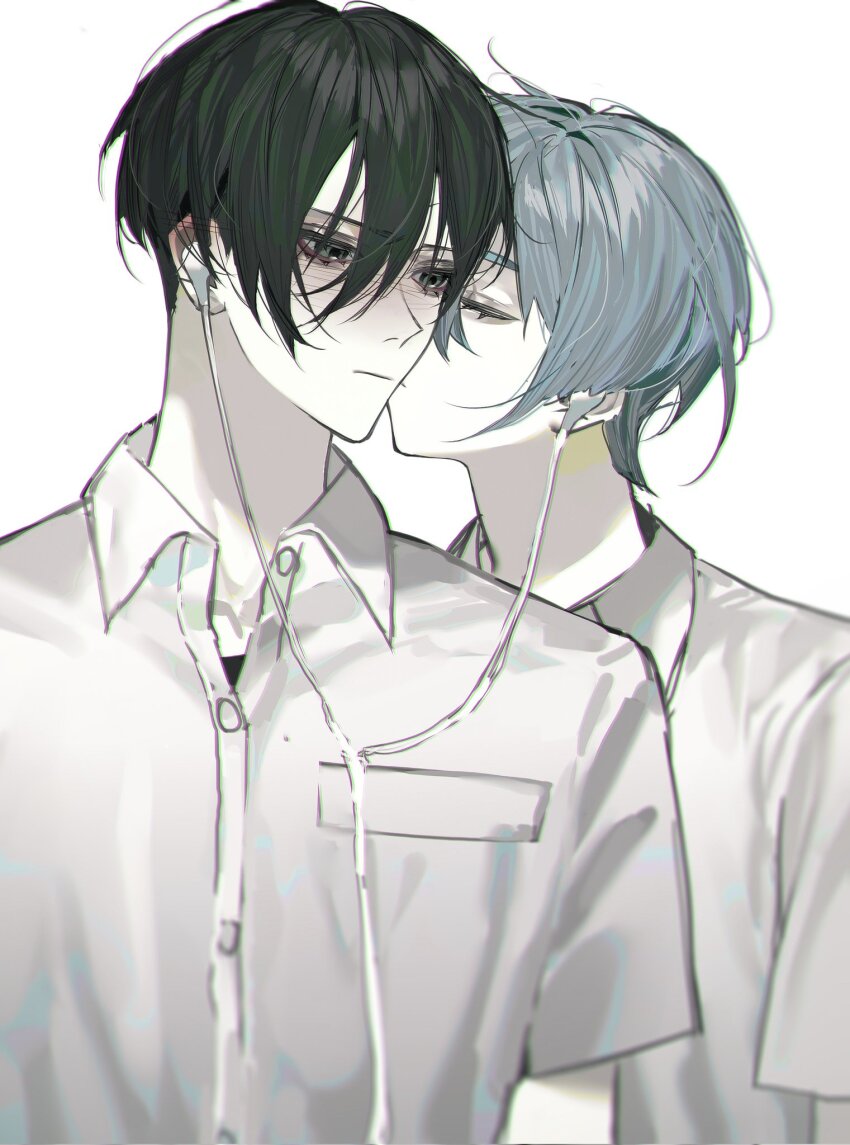 2boys black_hair blue_eyes blue_hair blue_lock blush closed_eyes closed_mouth collared_shirt earphones hair_between_eyes highres itoshi_rin kiss kissing_cheek looking_at_another male_focus miyu_(shiyemiyu) multiple_boys shared_earphones shirt short_hair short_sleeves simple_background white_background white_shirt yaoi you_hiori