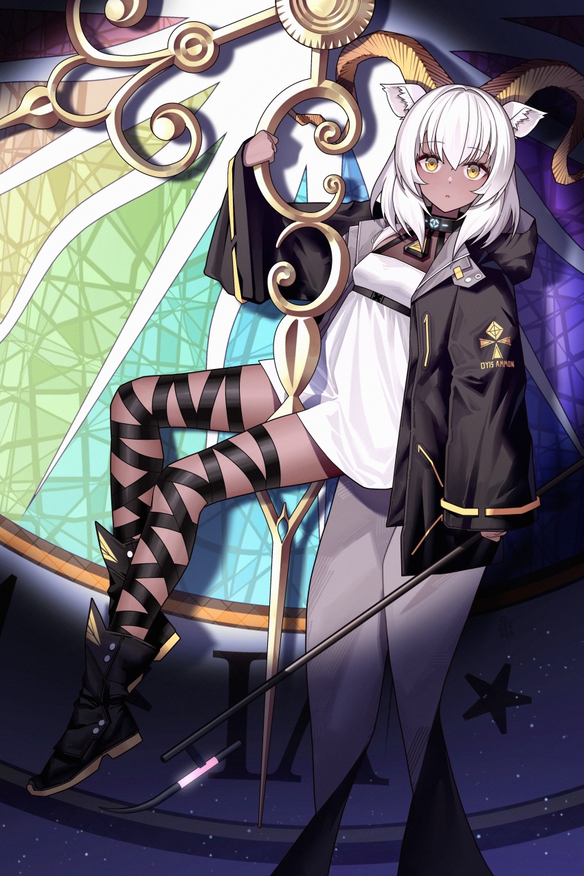 1girl absurdres animal_ears arknights beeswax_(arknights) black_jacket chinese_commentary clock clothes_writing commentary_request dark-skinned_female dark_skin full_body gold highres holding infection_monitor_(arknights) jacket light_particles looking_at_viewer mini_person minigirl open_clothes open_jacket parted_lips roman_numeral short_hair solo star_(symbol) white_hair wide_sleeves yellow_eyes zhengqi_zhizi_sg
