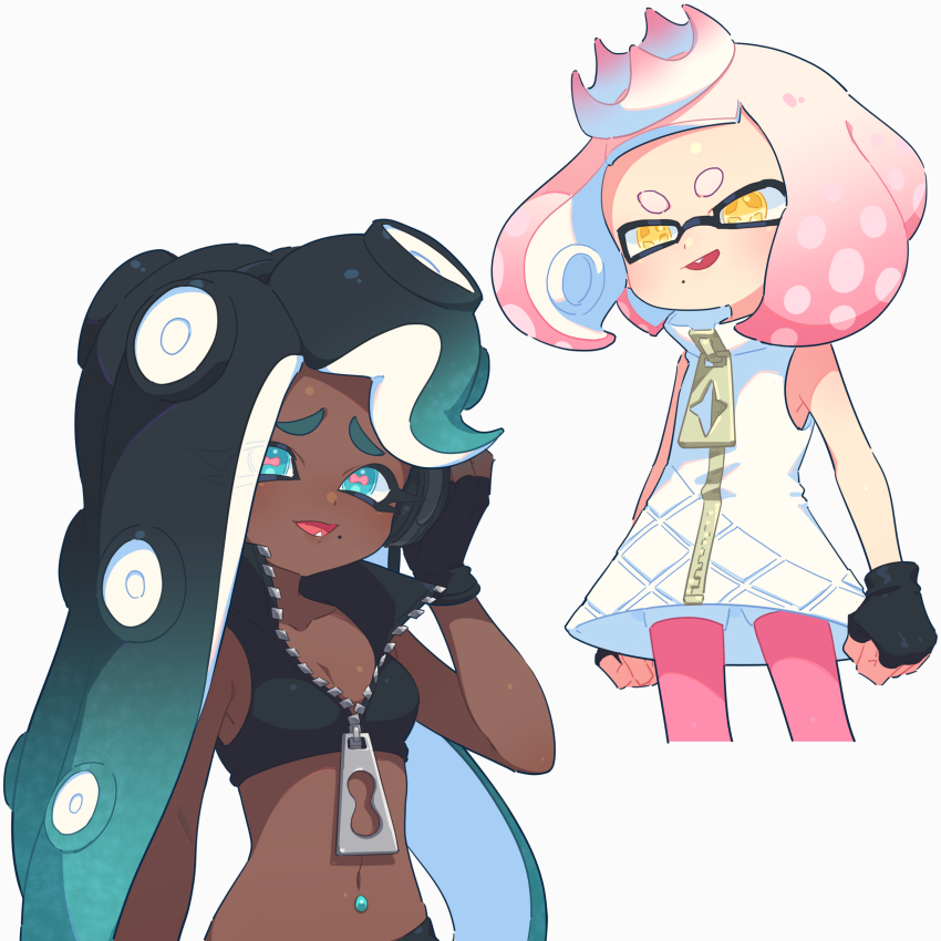 2girls absurdres aqua_eyes aqua_hair black_gloves black_hair black_shirt blonde_hair breasts cephalopod_eyes cleavage collarbone commentary_request crop_top cropped_legs cross-shaped_pupils crown dark-skinned_female dark_skin dress fang fingerless_gloves furrowed_brow gloves gradient_hair hand_on_headphones headphones highres horizontal_pupils inkling long_hair marina_(off_the_hook_outfit)_(splatoon) marina_(splatoon) medium_hair midriff mole mole_under_mouth multicolored_hair multiple_girls navel_piercing nintendo octoling open_mouth pantyhose pantyhose_under_shorts parted_bangs pearl_(off_the_hook_outfit)_(splatoon) pearl_(splatoon) piercing pink_hair pink_pantyhose pink_pupils shirt short_dress shorts shorts_under_dress sleeveless sleeveless_dress smile splatoon_(series) surume01417 symbol-shaped_pupils tentacle_hair tilted_headwear two-tone_hair white_background white_crown white_dress white_shorts yellow_eyes zipper zipper_pull_tab