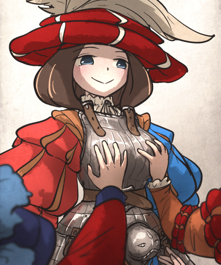 1girl armor belt blue_eyes boobplate breastplate brown_hair buckle chaperon_hat codpiece collar commentary cuirass english_commentary facing_viewer faulds frilled_cuffs frilled_shirt_collar frills groping hat hat_feather highres ironlily landsknecht landsknecht_(ironlily) light_blush long_sleeves medium_hair orange_sleeves original out_of_frame people puff_and_slash_sleeves puffy_long_sleeves puffy_sleeves red_hat red_sleeves simple_background smile solo_focus white_background