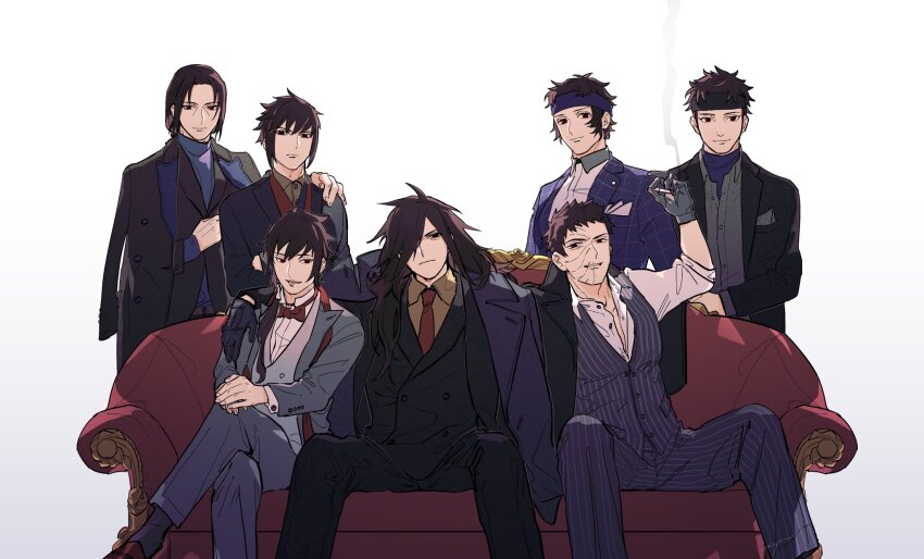 6+boys black_gloves black_hair brothers cigarette closed_mouth coat commentary_request couch dress_shirt formal_clothes gloves hair_over_one_eye highres holding holding_cigarette jacket long_hair looking_at_viewer male_focus multiple_boys naruto_(series) naruto_shippuuden necktie on_couch pants passion07253741 scar scar_on_face shirt short_hair siblings sitting smoke spiked_hair teeth uchiha_itachi uchiha_izuna uchiha_kagami uchiha_madara uchiha_obito uchiha_sasuke uchiha_shisui vest white_background