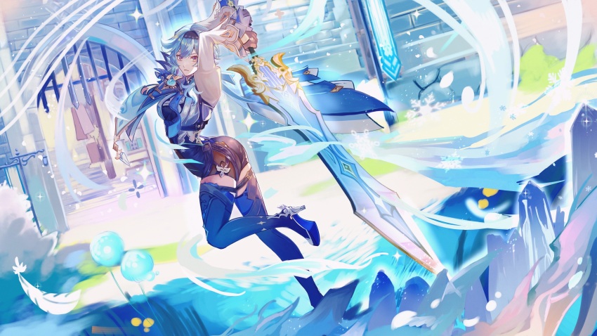 1girl absurdres arms_up ass asymmetrical_hair black_boots black_gloves black_hairband black_leotard blue_cape blue_hair blue_necktie boots cape closed_mouth cryokinesis dutch_angle eula_(genshin_impact) falling_feathers feathers from_side gate genshin_impact gloves greatsword hairband high_heel_boots high_heels highres holding holding_sword holding_weapon ice jtsl0 juliet_sleeves leotard long_sleeves looking_at_viewer medium_hair multicolored_eyes necktie outdoors puffy_sleeves purple_eyes shirt side_cape snowflakes solo song_of_broken_pines_(genshin_impact) sparkle standing standing_on_one_leg sword thigh_boots two-tone_eyes vision_(genshin_impact) weapon white_feathers white_shirt wide_shot wide_sleeves yellow_eyes