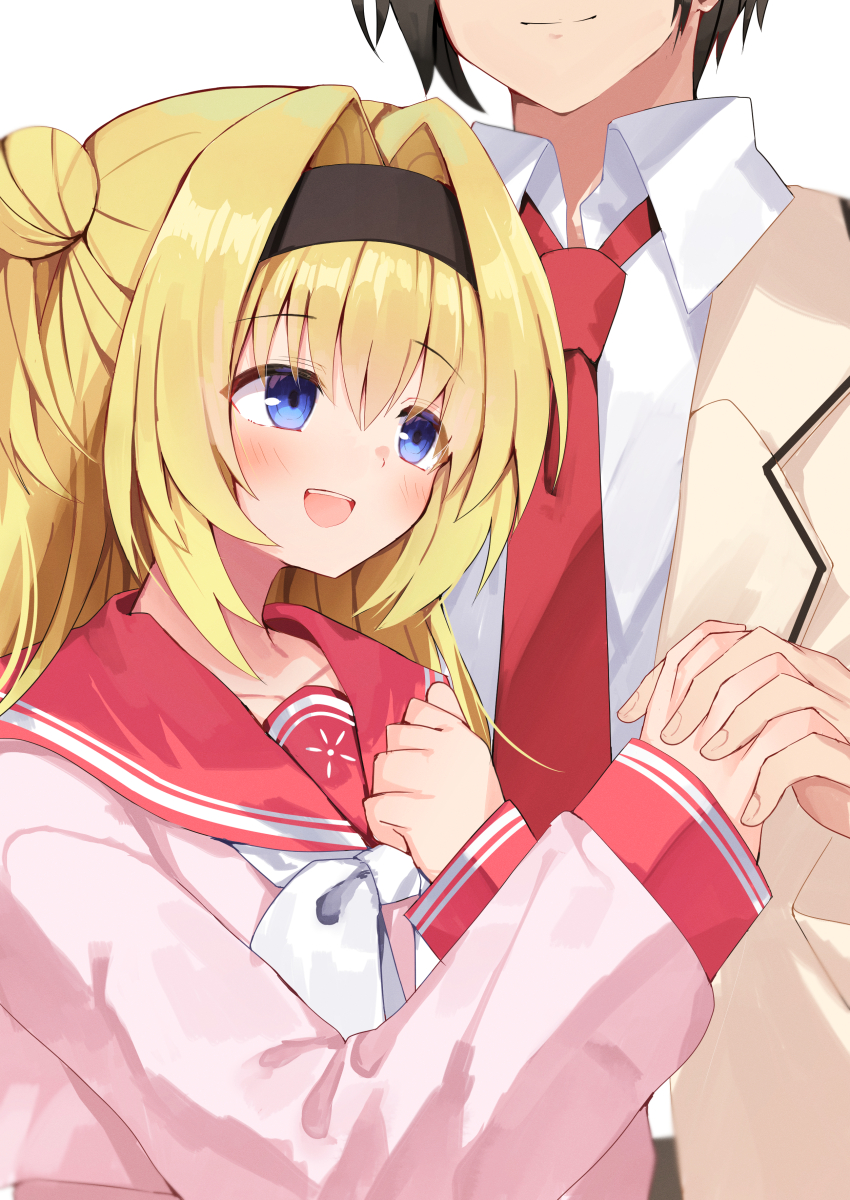 1boy 1girl :d absurdres black_hair black_hairband blonde_hair blue_eyes blush brother_and_sister chitose_haruki chitose_sana clenched_hand closed_mouth collared_shirt commentary couple hair_between_eyes hair_bun hair_intakes hairband hands_up happy hetero highres incest long_hair long_sleeves looking_at_another necktie nodoameyatou one_side_up open_mouth pink_shirt red_necktie red_sailor_collar sailor_collar school_uniform serafuku shirt short_hair siblings simple_background single_side_bun smile solo_focus split_mouth teeth tenshinranman upper_body upper_teeth_only white_background white_shirt
