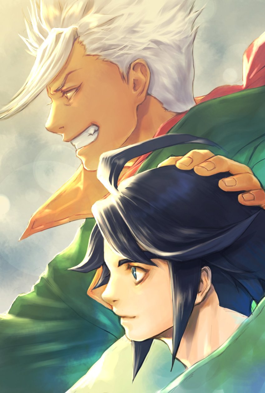 2boys black_hair brown_eyes dark-skinned_male dark_skin fang floating_hair from_side green_jacket gundam gundam_tekketsu_no_orphans hair_behind_ear hand_on_another&#039;s_head highres jacket lens_flare male_focus mikazuki_augus multiple_boys orga_itsuka sky smile takeda_yuuko white_hair
