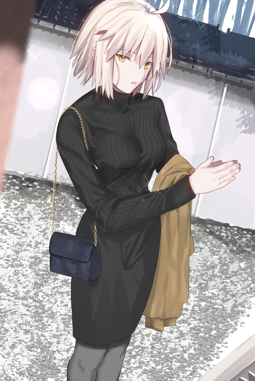 1girl ahoge alternate_costume bag black_sweater blonde_hair blurry blush breasts casual commentary_request depth_of_field dutch_angle fate/grand_order fate_(series) gravel hair_between_eyes handbag highres holding iro_(sekaixiro) jacket jeanne_d&#039;arc_alter_(fate) large_breasts long_sleeves looking_at_viewer medium_hair outdoors pantyhose ribbed_sweater short_hair skirt solo standing sweater translation_request turtleneck turtleneck_sweater type-moon yellow_eyes