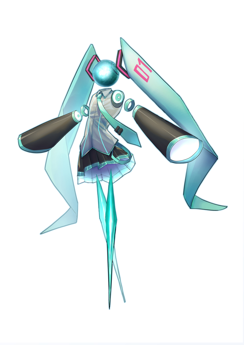 1girl abstract absurdres aqua_hair aqua_necktie black_skirt black_sleeves commentary detached_arm detached_legs detached_sleeves english_commentary full_body grey_shirt hair_ornament hatsune_miku highres hoshi_mori miniskirt necktie orb pleated_skirt shirt simple_background skirt sleeveless sleeveless_shirt solo twintails vocaloid white_background