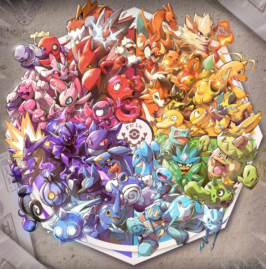 animal_ears arcanine artist_name bird bulbasaur cacnea cactus chandelure character_request charizard color_wheel_challenge colored_sclera corphish creature creature_focus creature_request creatures_(company) dragon dragonite duck electricity finizen fire game_freak garchomp gen_1_pokemon gen_2_pokemon gen_3_pokemon gen_4_pokemon gen_5_pokemon gengar heracross highres lapras lobster lucario ludicolo mouse_ears multiple_drawing_challenge nintendo no_humans octillery one_eye_closed open_mouth paper pink_sclera pokemon pokemon_(creature) pokemon_focus poliwhirl raichu rotom scizor scraggy sparkle wolf wooper yellow_sclera zitto_dex