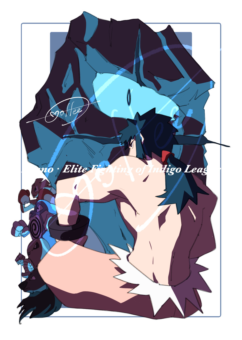 1boy absurdres black_hair border bracelet bruno_(pokemon) cccacademia character_name commentary_request game_freak gen_1_pokemon highres hitmonchan hitmonlee jewelry long_hair male_focus nintendo onix pants pokemon pokemon_(creature) pokemon_hgss poliwrath ponytail signature sitting tauros topless_male white_border