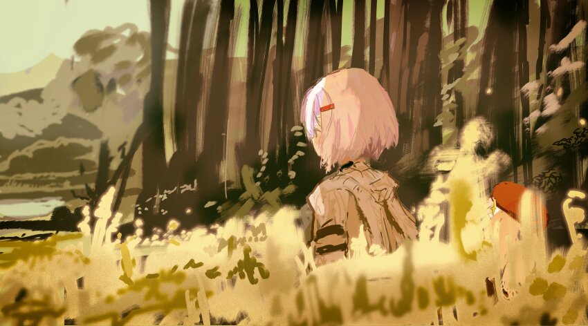 2girls a.i._voice absurdres beret blurry blurry_foreground brown_cardigan cardigan commentary_request day forest from_side grass hair_ornament hairclip hat height_difference highres hood hood_down hooded_cardigan kabuyama_kaigi kizuna_akari kizuna_akari_(tsubomi) long_sleeves multiple_girls nature outdoors pink_hair profile red_hat short_hair standing tall_grass tree upper_body voiceroid yuzuki_yukari yuzuki_yukari_(shizuku)