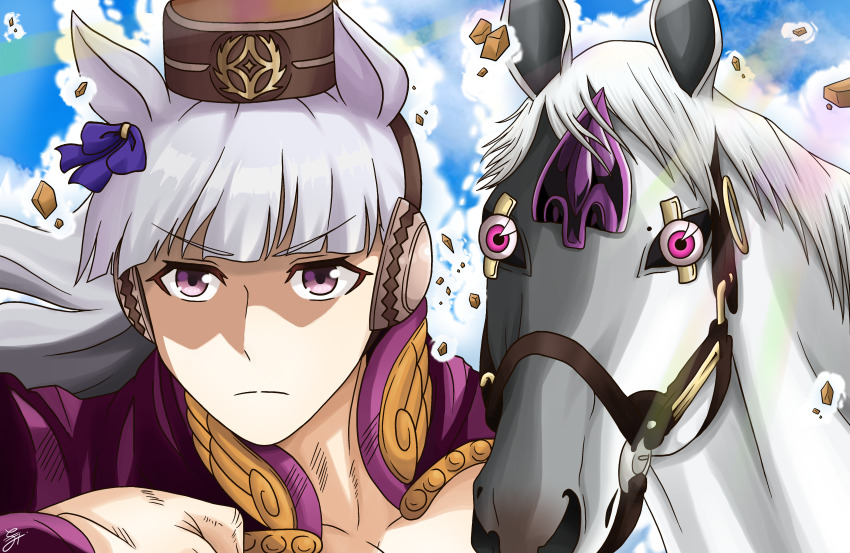 1girl absurdres animal_ears aura bow cosplay debris giorno_giovanna giorno_giovanna_(cosplay) gold_experience_requiem gold_ship_(racehorse) gold_ship_(umamusume) goom_(goomyparty) hat highres horse horse_ears horse_girl jojo_no_kimyou_na_bouken jojo_pose long_hair parody purple_eyes signature silver_hair umamusume vento_aureo