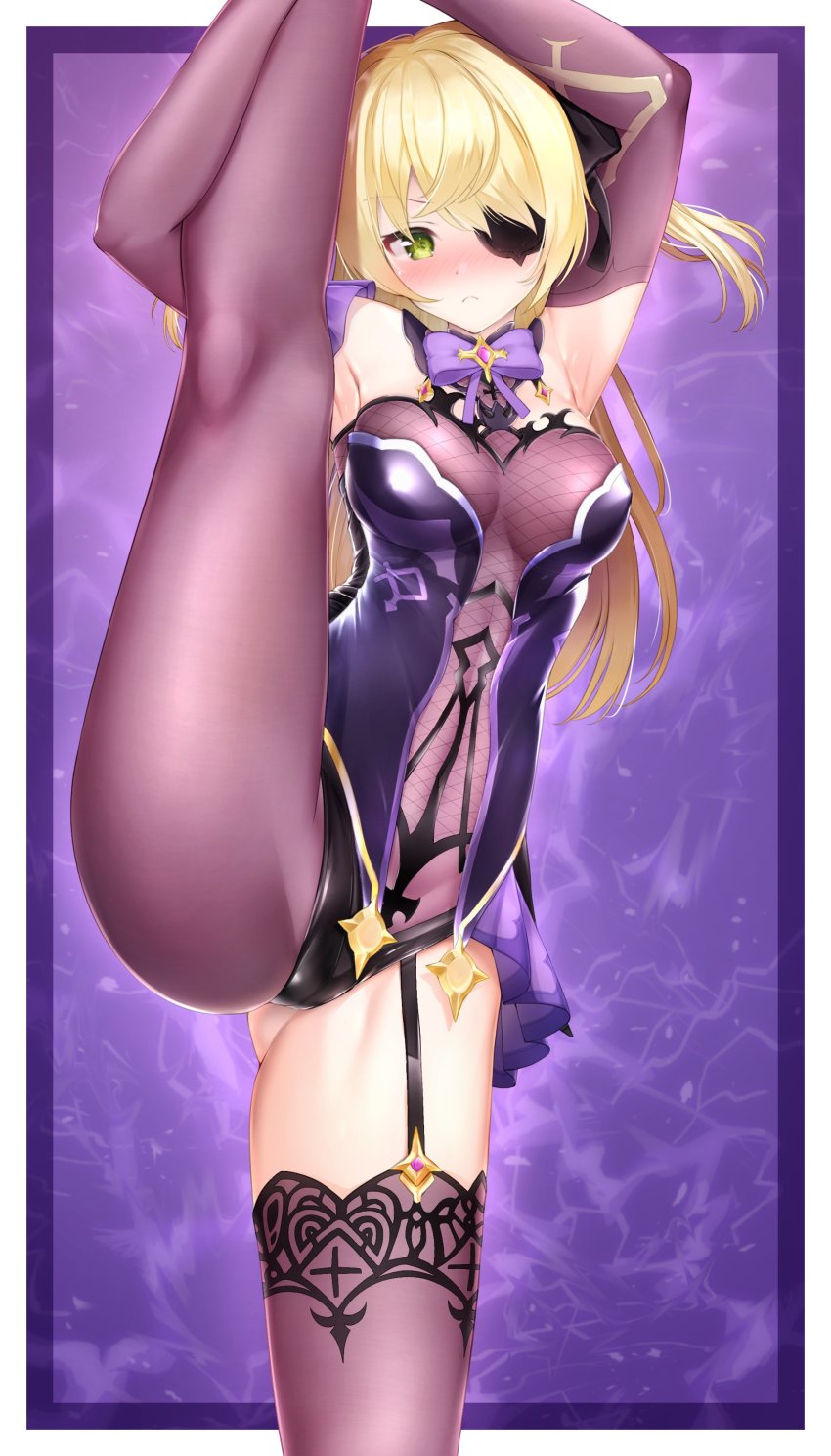 1girl absurdres armpits arms_up ass benedia blonde_hair blush breasts brown_thighhighs cameltoe closed_mouth detached_sleeves dress embarrassed eyepatch fischl_(genshin_impact) frown garter_straps genshin_impact gluteal_fold green_eyes hair_over_one_eye highres leg_lift long_hair long_sleeves looking_at_viewer medium_breasts nose_blush purple_dress revealing_clothes see-through_clothes short_dress single_leg_pantyhose single_thighhigh solo split standing standing_on_one_leg standing_split thighhighs thighs two_side_up v-shaped_eyebrows