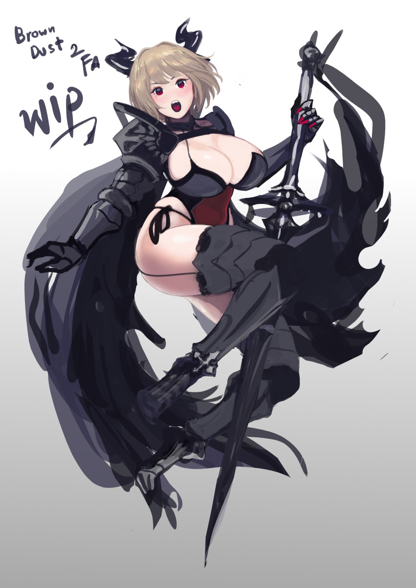 1girl absurdres alternate_breast_size armor ass black_cape black_dress blonde_hair blush breasts brown_dust_(series) brown_dust_2 cape cleavage copyright_name demon_horns dress fangs full_body gauntlets greatsword greaves highres holding holding_sword holding_weapon horns huge_breasts huge_weapon justia_(blood_glutton)_(brown_dust) justia_(brown_dust) misterkt open_mouth red_dress red_eyes short_hair simple_background sketch solo sword teeth two-tone_dress upper_teeth_only vampire weapon white_background