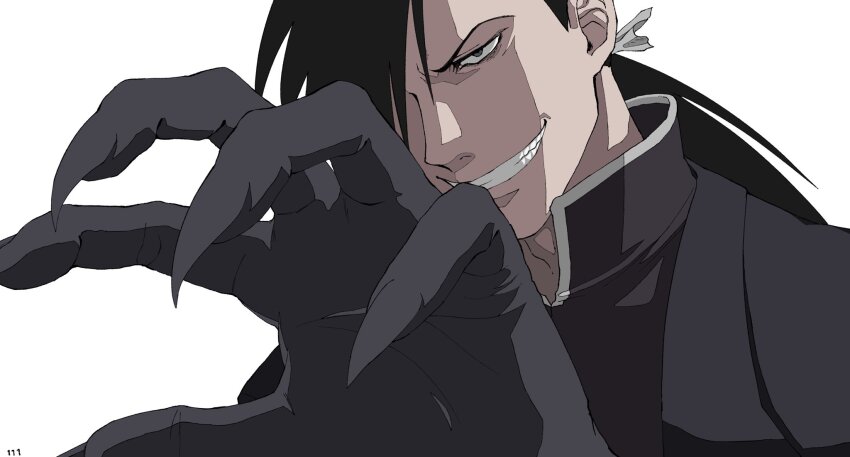 1boy arm_up black_hair black_jacket black_skin claws colored_skin fullmetal_alchemist greed_(fma) grey_eyes grin high_collar highres jacket ling_yao long_hair looking_ahead male_focus narrowed_eyes partially_shaded_face reaching reaching_towards_viewer simple_background small_pupils smile solo teeth ufkqz upper_body white_background white_trim