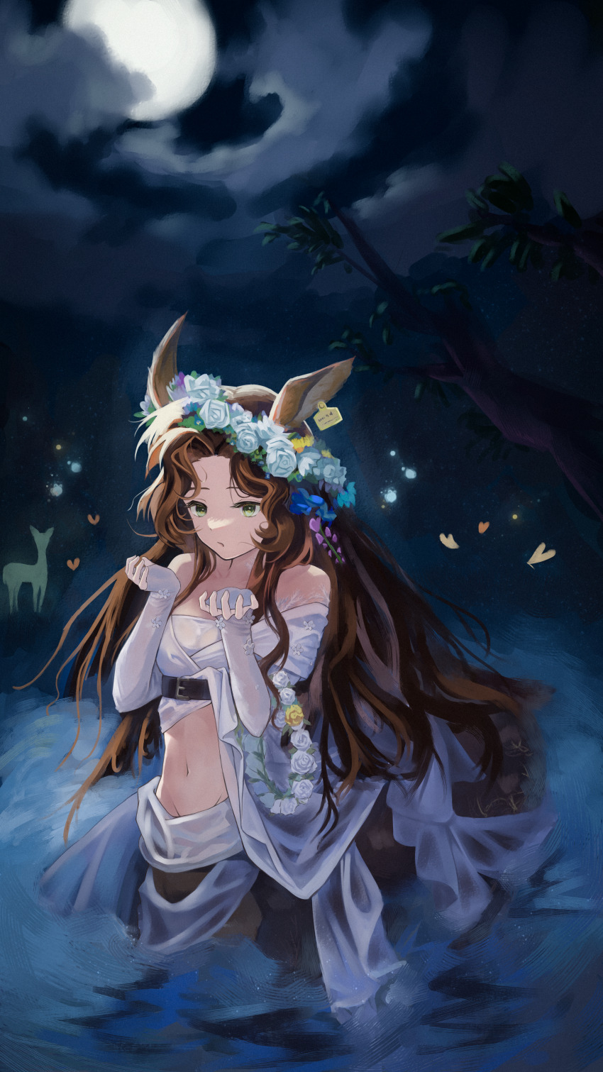 1girl absurdres animal_ears arm_belt bare_shoulders belt black_belt breasts brown_hair centauroid closed_mouth cloud cloudy_sky collarbone commentary deer_ears deer_girl deer_tail dress ear_tag elbow_gloves fingerless_gloves flower flower_wreath full_moon gloves green_eyes groin hair_flower hair_ornament hands_up head_wreath highres jessica_(reverse:1999) long_hair medium_breasts midriff monster_girl moon multiple_legs navel night outdoors parted_bangs partially_submerged reverse:1999 sidelocks sky solo standing symbol-only_commentary tail taur underbust white_dress white_flower white_gloves yuyehexi