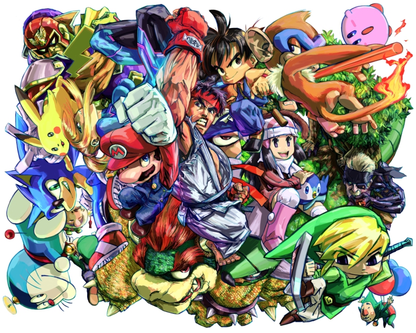 2girls 6+boys aburaya_tonbi alternate_costume armor balloon black_hair blonde_hair blue_eyes blush_stickers bowser breasts capcom captain_falcon cheek_swirl child cigarette claws clenched_hand clenched_teeth clothes_writing crossover dawn_(pokemon) doraemon doraemon_(character) dragon_ball everyone eyebrows eyepatch f-zero facial_hair fingerless_gloves fire flame-tipped_tail gen_1_pokemon gen_4_pokemon gloves green_eyes hairband hat helmet holding holding_sword holding_weapon kirby kirby_(series) koopa leaf link long_hair looking_at_viewer luigi mario mario_(series) mask medium_breasts metal_gear_(series) metal_gear_solid metal_gear_solid_4:_guns_of_the_patriots metroid mole monferno multiple_boys multiple_girls mustache nintendo old_snake one_eye_closed orange_hair parody pikachu pikmin_(creature) pikmin_(series) piplup pointy_ears pokemon pokemon_(creature) purple_eyes red_eyes red_hair ruyi_jingu_bang ryu_(street_fighter) samus_aran sega sharp_teeth shield solid_snake son_goku sonic_(series) sonic_the_hedgehog spikes staff street_fighter super_mario_bros._1 super_smash_bros. sword tail teeth the_legend_of_zelda tingle toon_link torterra tree weapon whiskers wink zero_suit