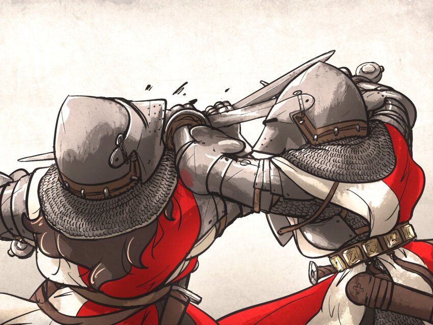 2girls armor aventail belt breastplate brown_hair chainmail commentary couter dagger facing_away fighting grey_armor highres holding holding_blade holding_sword holding_weapon hounskull ironlily knife layered_armor long_hair medieval multiple_girls ordo_mediare_sisters_(ironlily) pauldrons rerebrace rondel scabbard sheath shoulder_armor simple_background struggling surcoat sword vambraces visor_(armor) weapon white_background