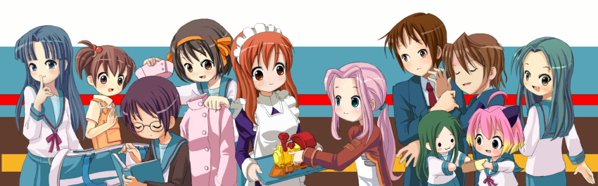 2boys 6+girls asahina_mikuru asakura_ryoko bad_anatomy chibi churuya cosplay darry_adai everyone highres koizumi_itsuki kyon kyon_no_imouto long_image multiple_boys multiple_girls nagato_yuki poorly_drawn potemayo potemayo_(character) self-upload sixten suzumiya_haruhi suzumiya_haruhi_no_yuuutsu tengen_toppa_gurren_lagann tsuruya wide_image