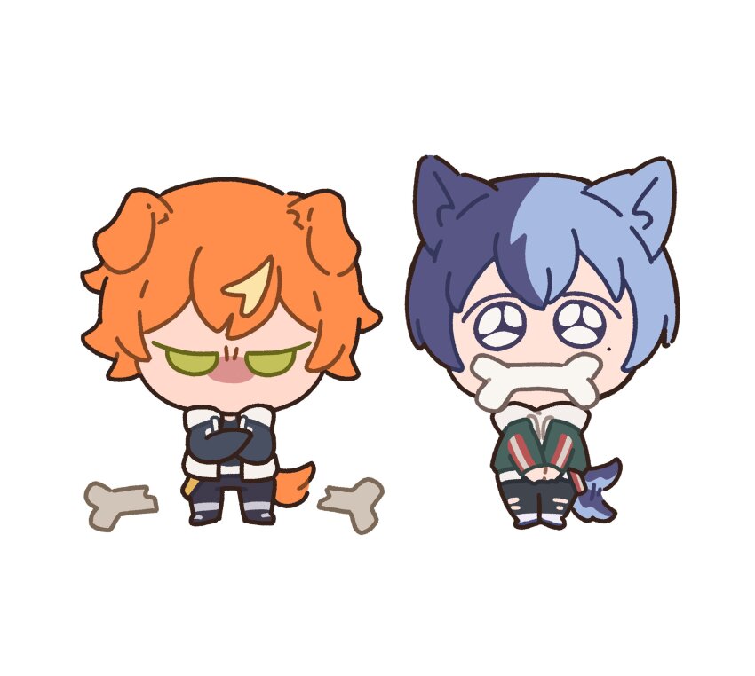 2boys absurdres animal_ears aoyagi_touya black_pants blonde_hair blue_hair bone chibi commentary crossed_arms dog_boy dog_ears dog_tail full_body green_eyes h4chii highres long_sleeves looking_at_viewer male_focus mole mole_under_eye multicolored_hair multiple_boys orange_eyes pants project_sekai shinonome_akito short_hair simple_background split-color_hair standing streaked_hair tail tail_wagging torn_clothes torn_pants two-tone_hair white_background