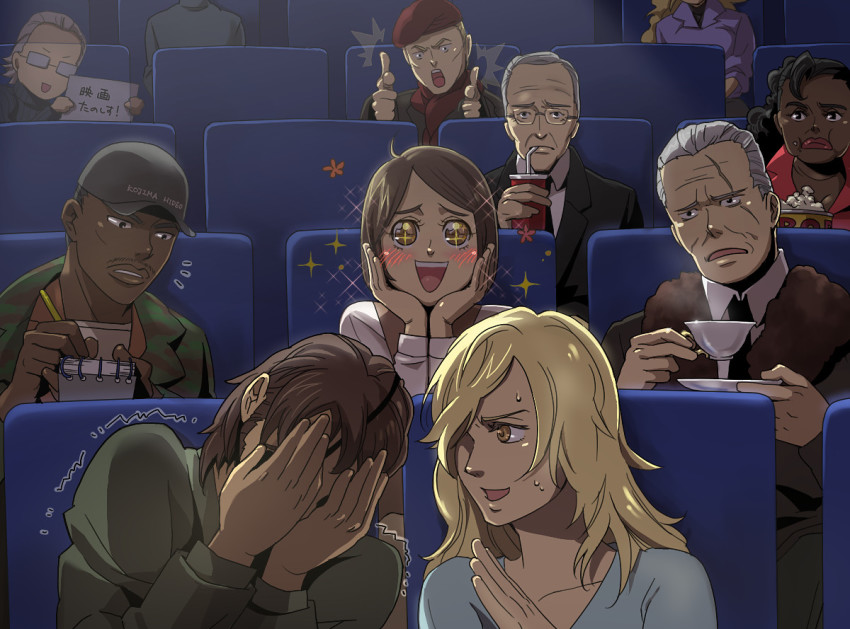 +_+ 4girls 6+boys big_boss black_eyes black_hair blonde_hair blush brown_hair dark_skin donald_anderson eva_(metal_gear) eyepatch ghost glasses grey_hair hair_over_one_eye hat hinoe_(dd_works) john_mccone long_hair major_zero metal_gear_(series) metal_gear_solid metal_gear_solid_3:_snake_eater multiple_boys multiple_girls naked_snake notepad para-medic_(mgs3) revolver_ocelot scar scar_across_eye scar_on_face scared shaking short_hair sigint smile sweat take_it_home tea the_sorrow theater translated trembling yellow_eyes
