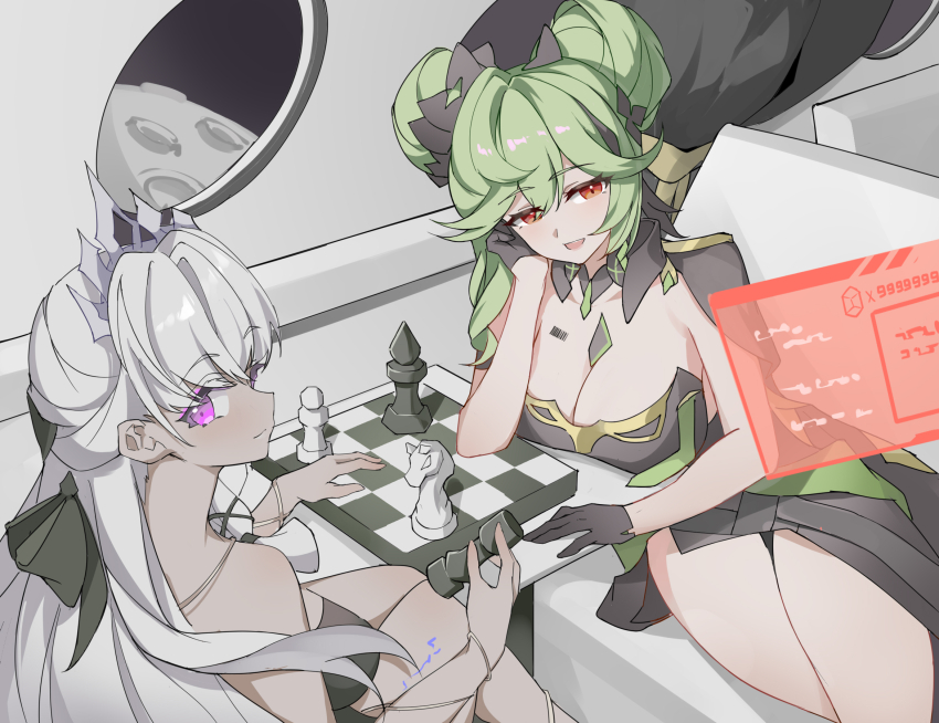 2girls ai_hyperion_lambda bishop_(chess) black_dress black_gloves black_ribbon breasts chess_piece chessboard chinese_commentary cleavage commentary double_bun dress elbow_on_table evzeva gloves hair_bun hair_ribbon head_on_hand highres holding holding_chess_piece holographic_interface honkai_(series) honkai_impact_3rd knight_(chess) large_breasts multiple_girls open_mouth original pawn_(chess) purple_eyes red_eyes ribbon rook_(chess) sitting smile white_hair