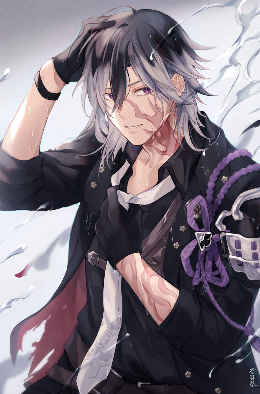 1boy adjusting_clothes adjusting_necktie armor artist_name belt black_coat black_gloves black_hair black_shirt brown_belt burn_scar chest_guard coat collared_shirt eyes_visible_through_hair facial_scar gloves gradient_hair grey_background grin hair_between_eyes hand_on_own_head highres japanese_armor jikkyuu_mitsutada kikkoumon long_sleeves looking_at_viewer looking_to_the_side male_focus medium_hair minazuki_utciha multicolored_hair necktie open_clothes open_coat open_collar purple_eyes scar scar_on_arm scar_on_cheek scar_on_face scar_on_neck shirt shoulder_armor signature simple_background single_sode smile sode solo tassel torn_clothes torn_coat touken_ranbu two-tone_hair water wet white_hair white_necktie wing_collar
