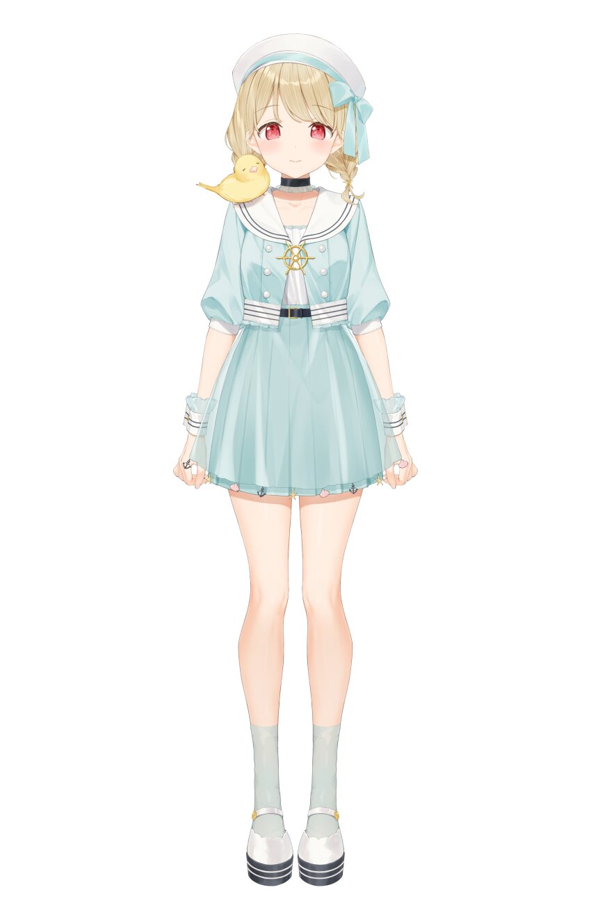 1girl absurdres animal animal_on_shoulder bird bird_on_shoulder blonde_hair blue_skirt blue_socks braid buttons choker collarbone double-breasted full_body hat highres kinako_(shiratama_mochi) kogara_toto kogara_toto_(1st_costume) layered_skirt lupinus_virtual_games mary_janes official_art parted_bangs platform_shoes pleated_skirt puffy_short_sleeves puffy_sleeves red_eyes sailor_collar sailor_hat sailor_shirt second-party_source see-through_skirt_layer shirt shoes short_sleeves simple_background skirt socks solo twin_braids virtual_youtuber vspo! white_background white_hat white_shoes wrist_cuffs yellow_bird