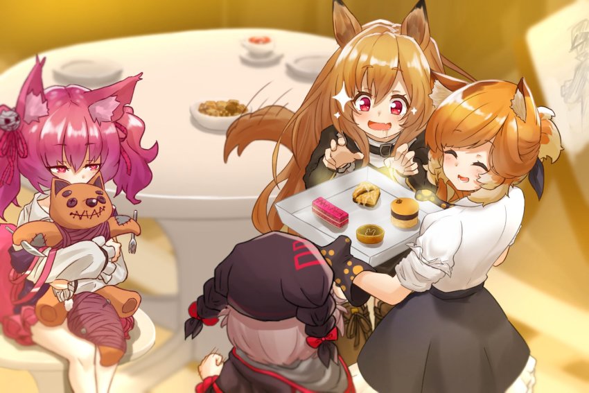 4girls animal_ears arknights baklava black_jacket black_skirt brown_hair cat_ears cat_girl ceobe_(arknights) closed_eyes dessert dog_ears dog_girl drooling food fox_ears fox_girl highres holding holding_tray hugging_doll hugging_object indoors jacket long_hair long_sleeves mittens monn_itsu morte_(arknights) mousse_(arknights) multicolored_jacket multiple_girls open_mouth oven_mitts popukar_(arknights) purple_eyes purple_hair red_eyes shamare_(arknights) skirt smile stuffed_wolf tray twintails