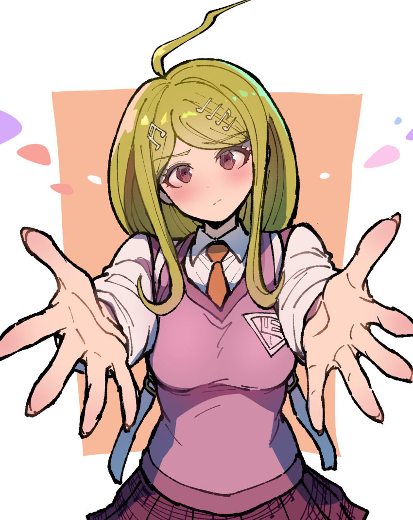 1girl ahoge akamatsu_kaede blonde_hair blush breasts collared_shirt danganronpa_(series) danganronpa_v3:_killing_harmony fortissimo hair_ornament highres hug_invitation large_breasts long_hair long_sleeves looking_at_viewer musical_note musical_note_hair_ornament musical_note_print necktie pink_sweater_vest pleated_skirt shirt skirt sweater_vest vest white_shirt youko-shima