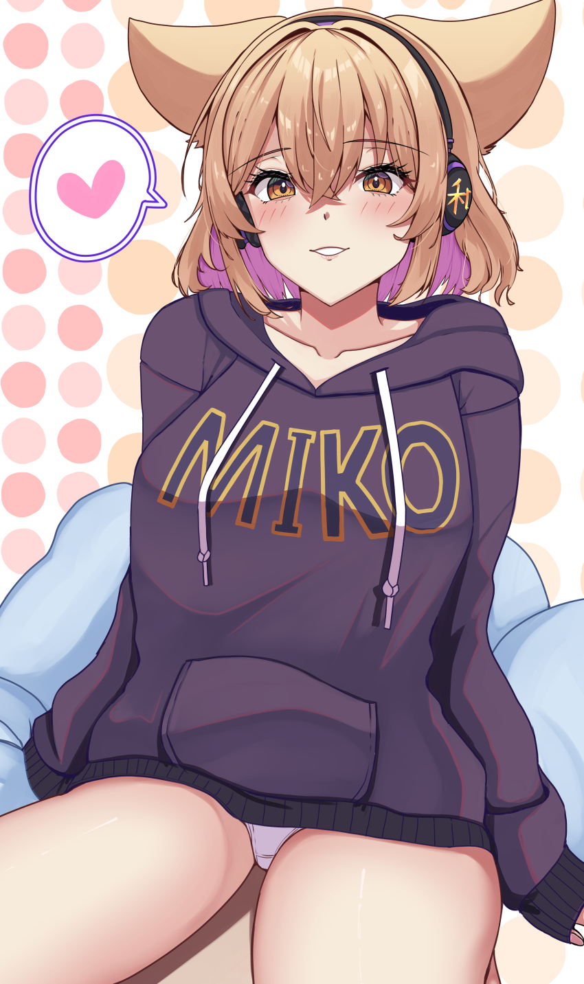 1girl absurdres alternate_costume breasts brown_eyes brown_hair character_name collarbone earmuffs highres hood hoodie hossy large_breasts panties pointy_hair thick_thighs thighs touhou toyosatomimi_no_miko underwear