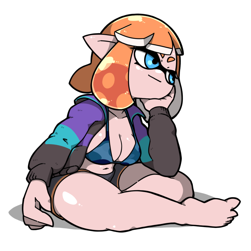 1girl bare_legs barefoot bikini bikini_top_only black_shorts blue_bikini blue_eyes breasts cleavage closed_mouth collarbone full_body hand_on_own_cheek hand_on_own_face hand_up highres inkling inkling_girl inkling_player_character jacket long_sleeves medium_breasts multicolored_jacket name_omoitukan2 navel nintendo open_clothes open_jacket orange_hair pointy_ears shadow shiny_skin short_hair shorts simple_background sitting solo splatoon_(series) swimsuit tentacle_hair thick_lineart white_background