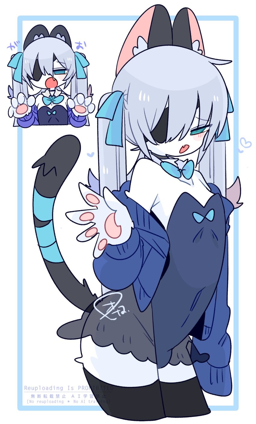 1boy :o animal_ear_fluff animal_ears arched_back armpit_crease bare_shoulders black_choker black_leotard black_skirt black_thighhighs blue_bow blue_bowtie blue_cardigan blue_eyes blue_hair blue_ribbon blush body_fur bow bowtie bulge cardigan cat_boy cat_ears cat_tail chibi choker claw_pose collarbone colored_tips commentary covered_navel cowboy_shot crossdressing crossdressing_(mtf) detached_collar double-parted_bangs eyepatch fang flipped_hair from_side furrification furry furry_male grey_tail hair_between_eyes hair_bow hand_up hands_up heart highres leotard light_blush long_hair long_sleeves looking_at_viewer male_focus multicolored_hair multiple_views no_nose off_shoulder one_eye_covered op_na_yarou open_cardigan open_clothes open_mouth original quad_tails raised_inner_eyebrows red_hair ribbon rigel_(op_na_yarou) see-through_clothes see-through_skirt sidelocks simple_background skin_fang skirt sleeves_past_fingers sleeves_past_wrists standing straight_hair strapless strapless_leotard tail tail_ornament tail_ribbon thighhighs thighs trap upper_body very_long_hair watermark white_background white_fur white_hair