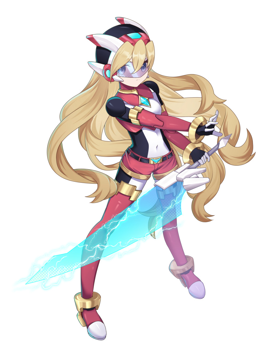 1girl absurdres alternate_costume alternate_hairstyle armor belt blonde_hair blue_eyes bodystocking boots breasts canaliya chest_jewel ciel_(mega_man) commission commissioner_upload covered_navel elbow_gloves electricity energy_sword forehead_jewel full_body gloves hair_down helmet highres holding holding_weapon long_hair looking_at_viewer mechanical_ears mega_man_(series) mega_man_zero_(series) mega_man_zx model_z_(mega_man) non-web_source petite shorts simple_background small_breasts solo sword thigh_boots transparent_background weapon