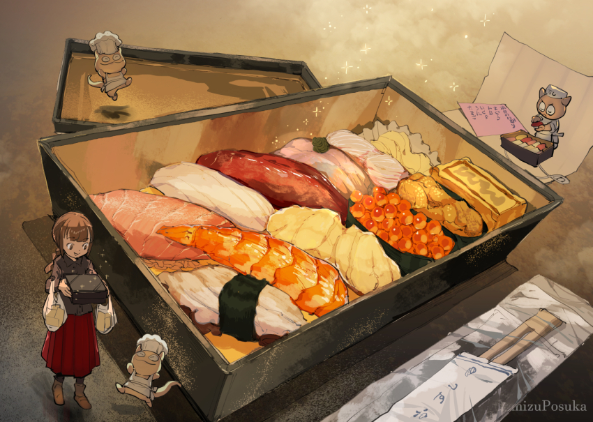1girl apron artist_name bag box chef_hat chopsticks commentary demizu_posuka fish_(food) hat horns ikura_(food) original plastic_bag roe seaweed shrimp white_apron