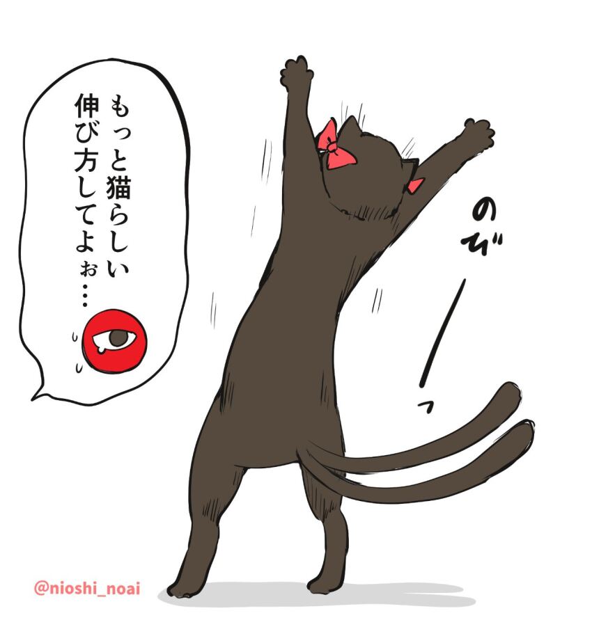 animal_focus black_cat bow cat commentary_request highres kaenbyou_rin kaenbyou_rin_(cat) komeiji_satori multiple_tails no_humans noai_nioshi rearing red_bow simple_background solo tail third_eye touhou translation_request two_tails white_background