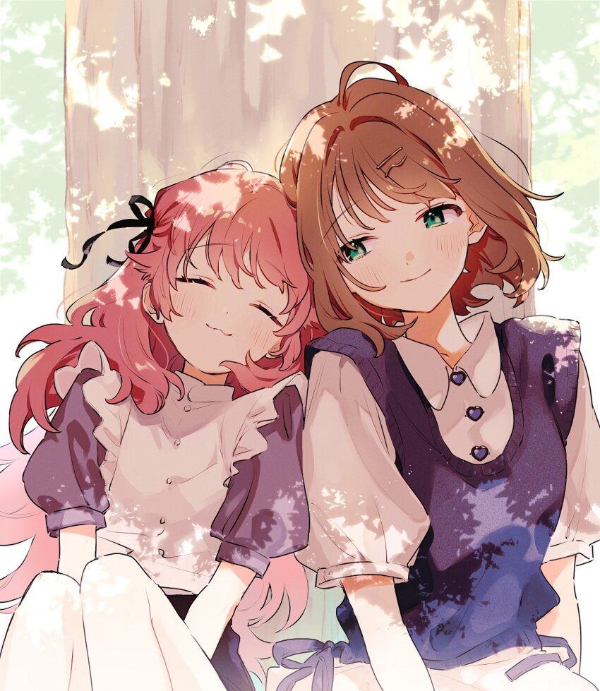 2girls :3 ahoge aono_nachi black_ribbon black_skirt blush bow brown_hair buttons choppy_bangs closed_eyes closed_mouth collared_shirt curtains dappled_sunlight day dot_nose dress frilled_dress frills green_eyes hair_intakes hair_ribbon heart_button highres kagari_mimi kimi_ga_shinu_made_koi_wo_shitai knees_up leaning_on_person leaning_to_the_side long_hair looking_at_another multiple_girls official_art outdoors pink_hair purple_bow purple_shirt purple_sweater_vest ribbon shadow shirt short_hair short_sleeves sideways_glance sitting skirt smile sunlight sweater_vest totsuki_shiina upper_body vest waist_bow wavy_hair white_shirt white_vest window yuri