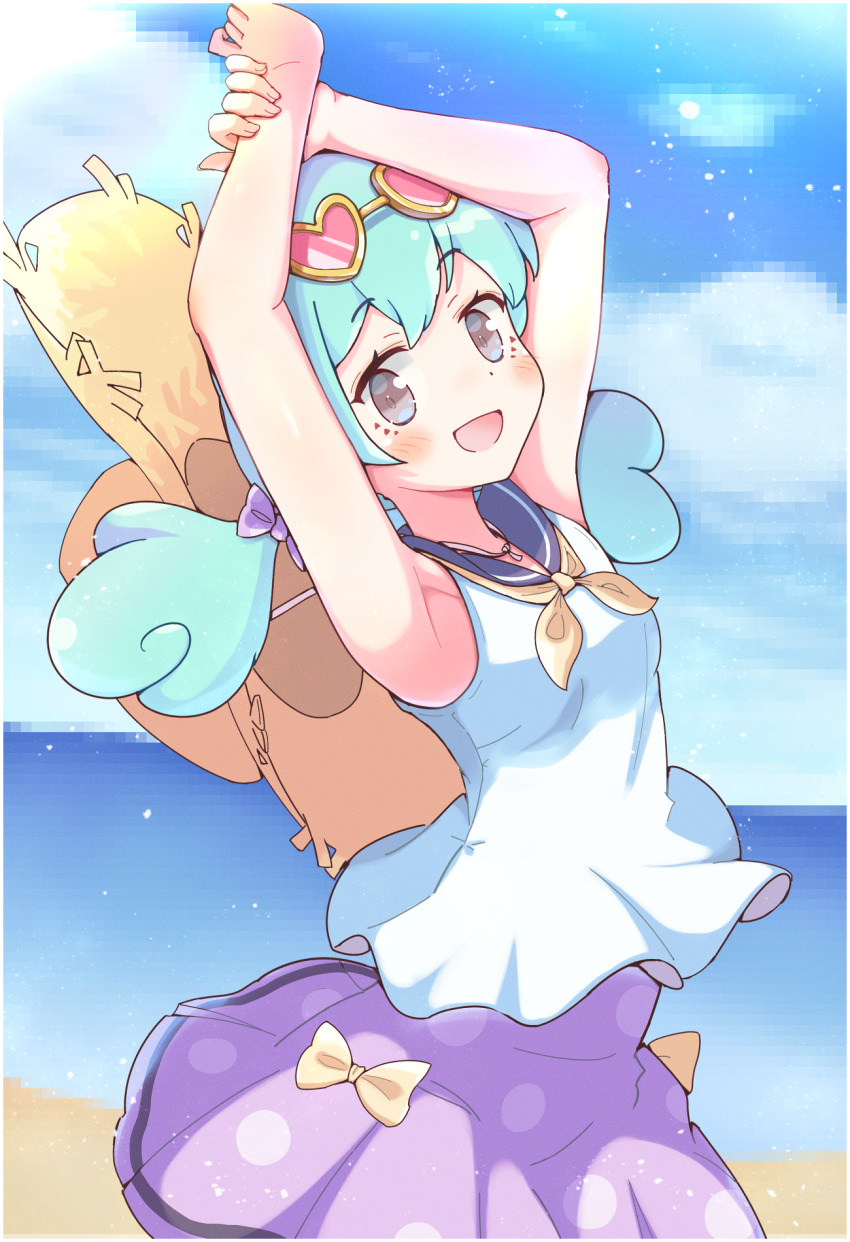 1girl arms_up blush bow bow_skirt elisa_(puyopuyo) eyelashes fingernails green_hair grey_eyes hair_bow hat hat_on_back heart heart-shaped_eyewear highres holding_own_wrist jazz_grace long_hair looking_at_viewer neckerchief open_mouth pixelated purple_bow purple_skirt puyopuyo puyopuyo_quest red-tinted_eyewear sailor_collar shore skirt solo straw_hat tinted_eyewear twintails yellow_bow yellow_neckerchief